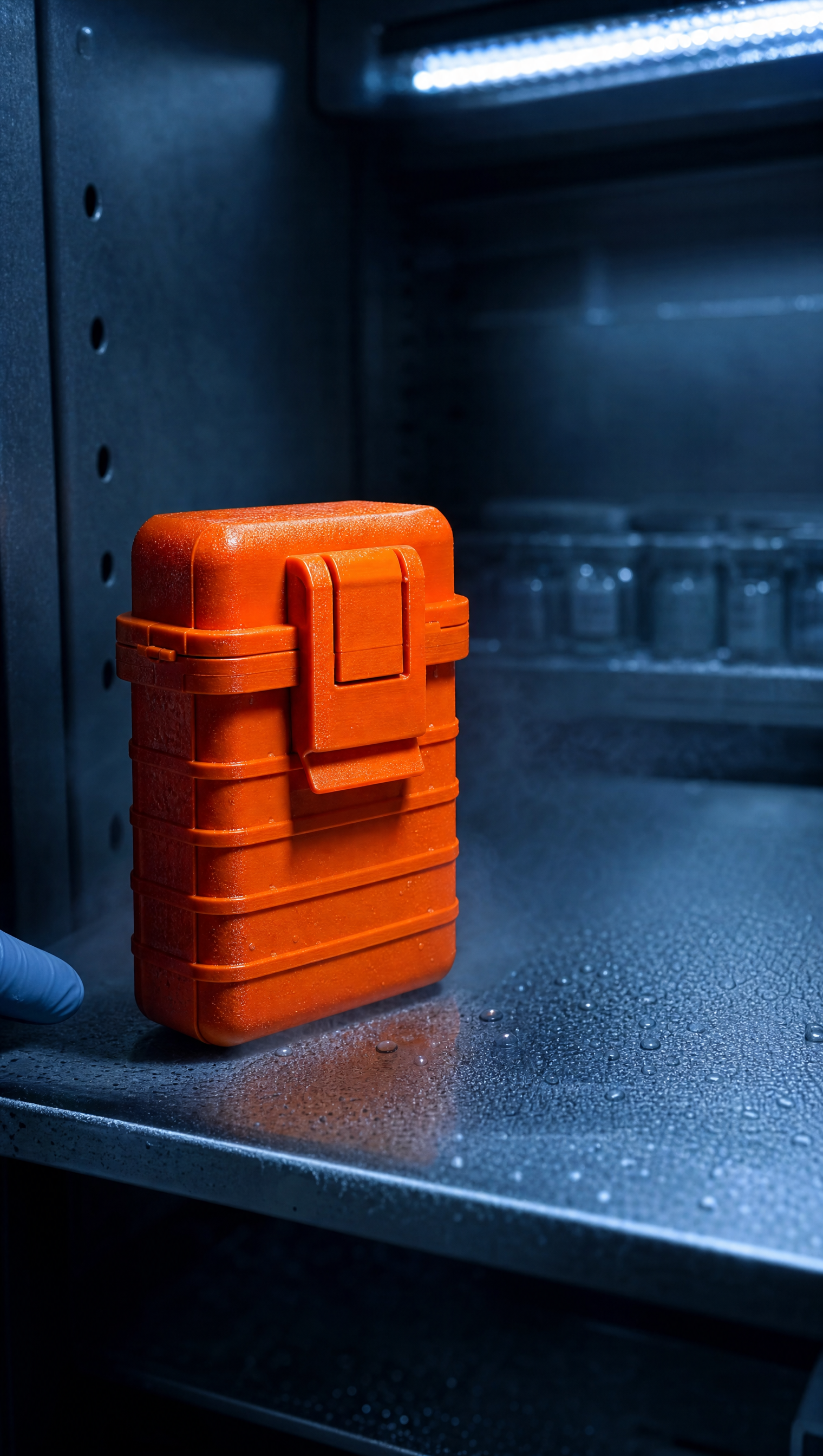 STIDRA case stored in refrigerator, latch closed, protecting vials from light exposure